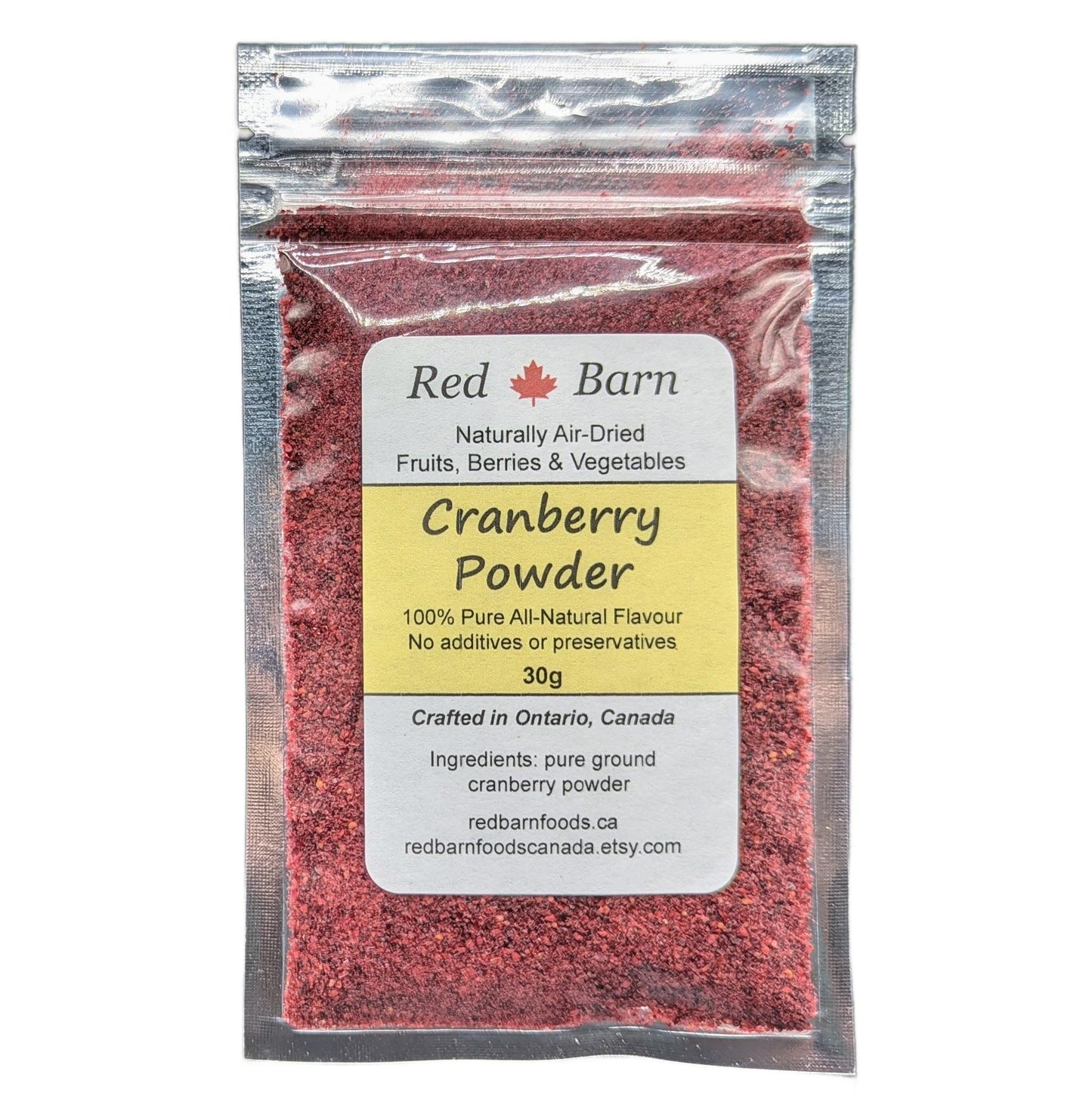 Packaged cranberry powder with Red Barn label on a white background