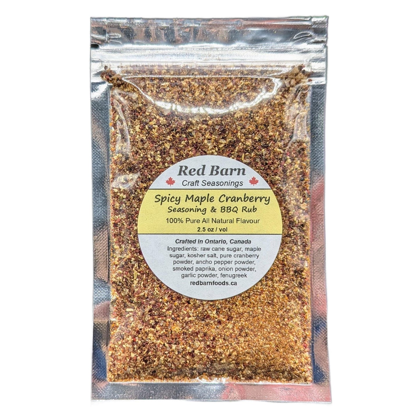 Spicy Maple Cranberry seasoning & BBQ rub package from Red Barn Craft Seasonings on a white background
