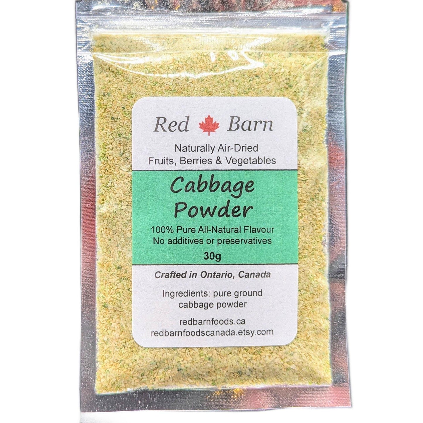 Packaged cabbage powder with Red Barn label on a white background