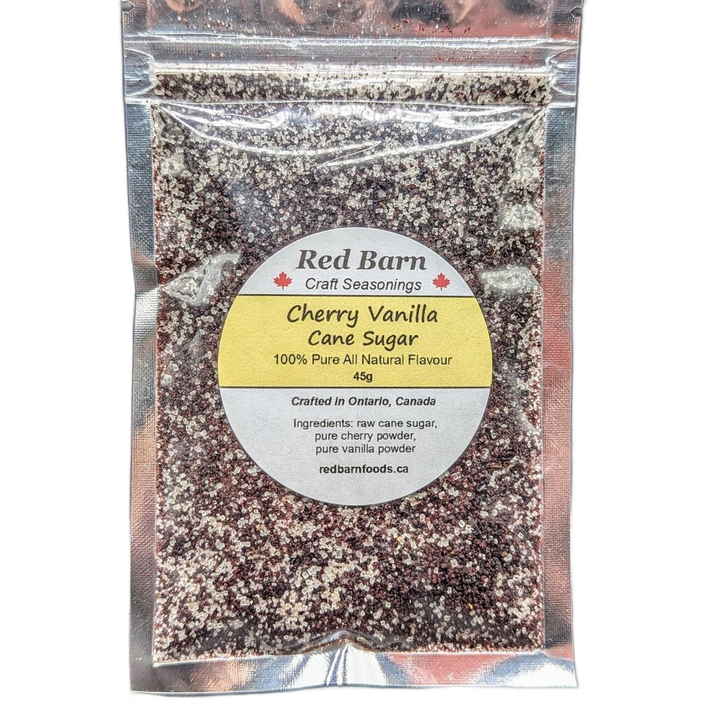 Packaged Cherry Vanilla Cane Sugar from Red Barn Craft Seasonings with a clear front view.