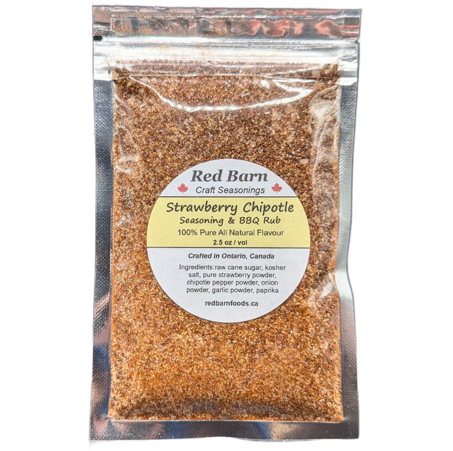 Packaged strawberry chipotle seasoning & BBQ rub from Red Barn Craft Seasonings on a white background.