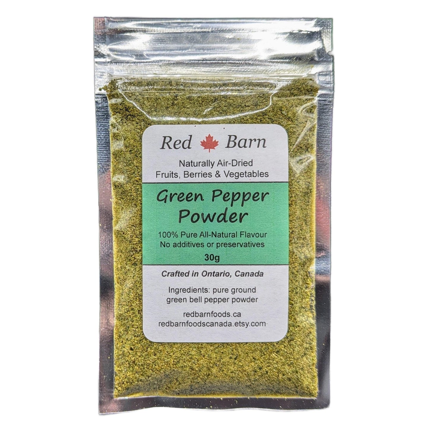 Packaging of Red Barn Green Pepper Powder on a white background