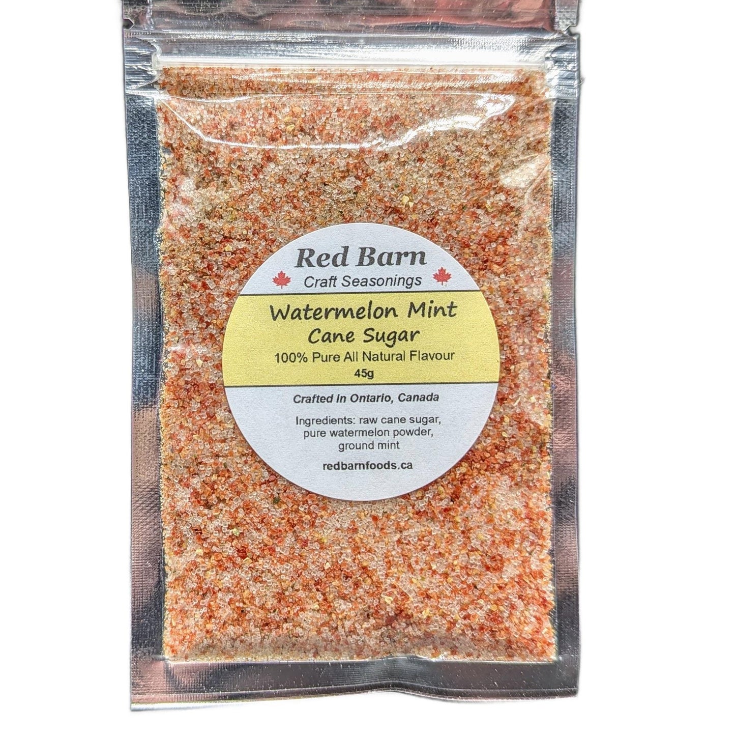 Packaged watermelon mint cane sugar with Red Barn Craft Seasonings label on a white background