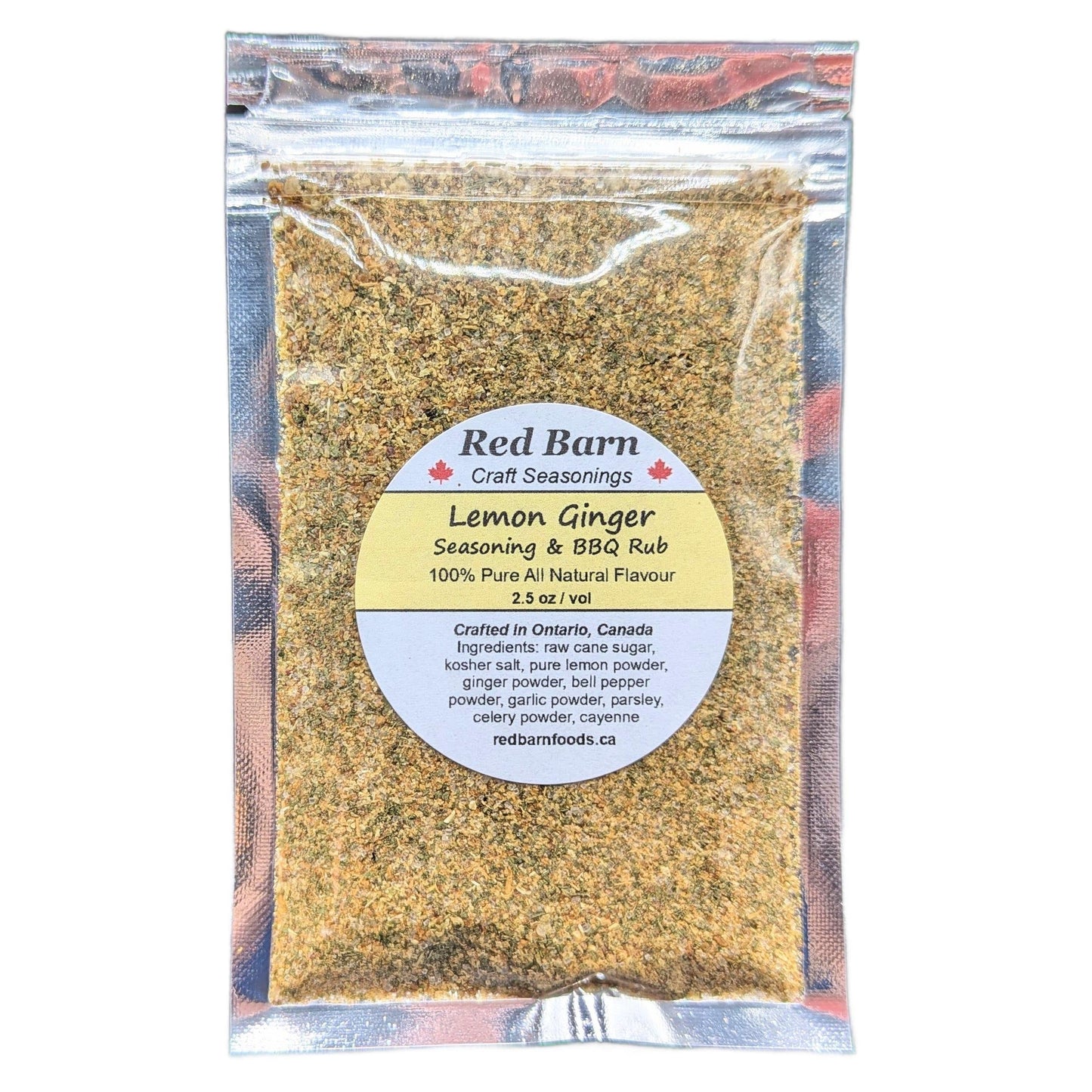 Packaged Lemon Ginger seasoning and BBQ rub from Red Barn Craft Seasonings on a white background.