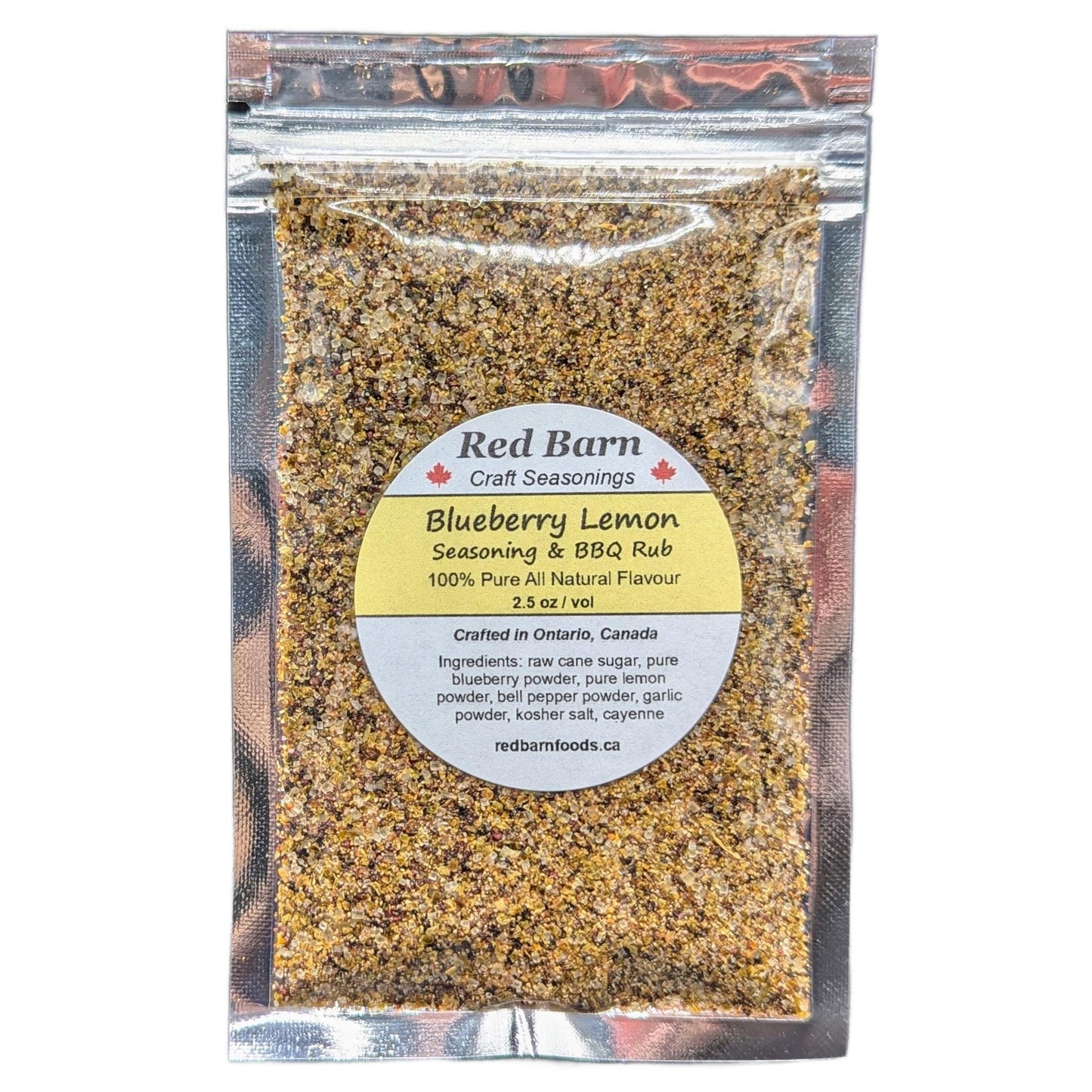 Packaged Blueberry Lemon seasoning and BBQ rub from Red Barn Craft Seasonings on a white background.