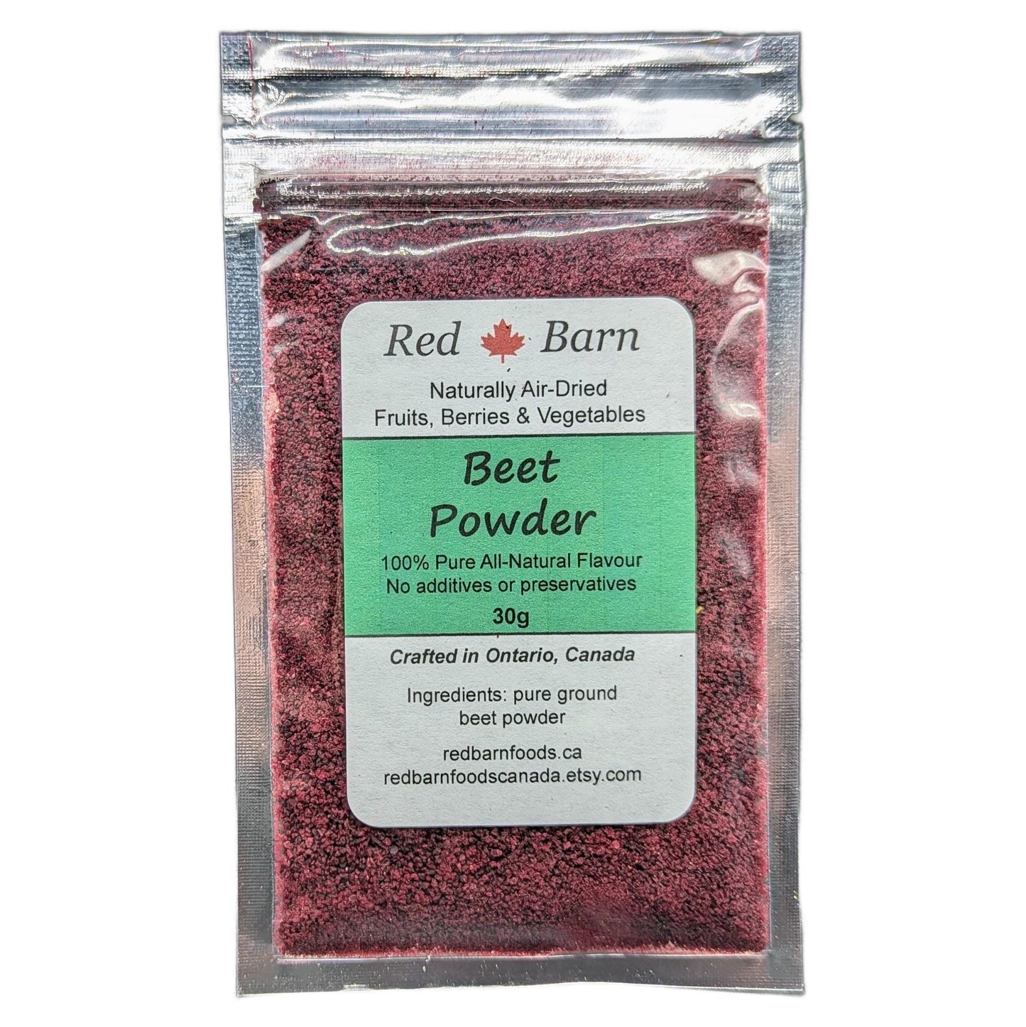 Packaged beet powder with Red Barn label on a white background
