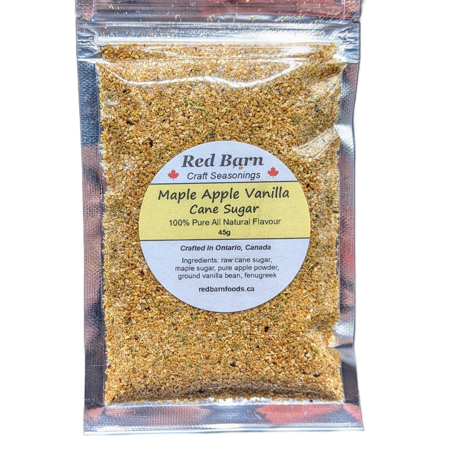 Packaged Maple Apple Vanilla Cane Sugar by Red Barn on a white background