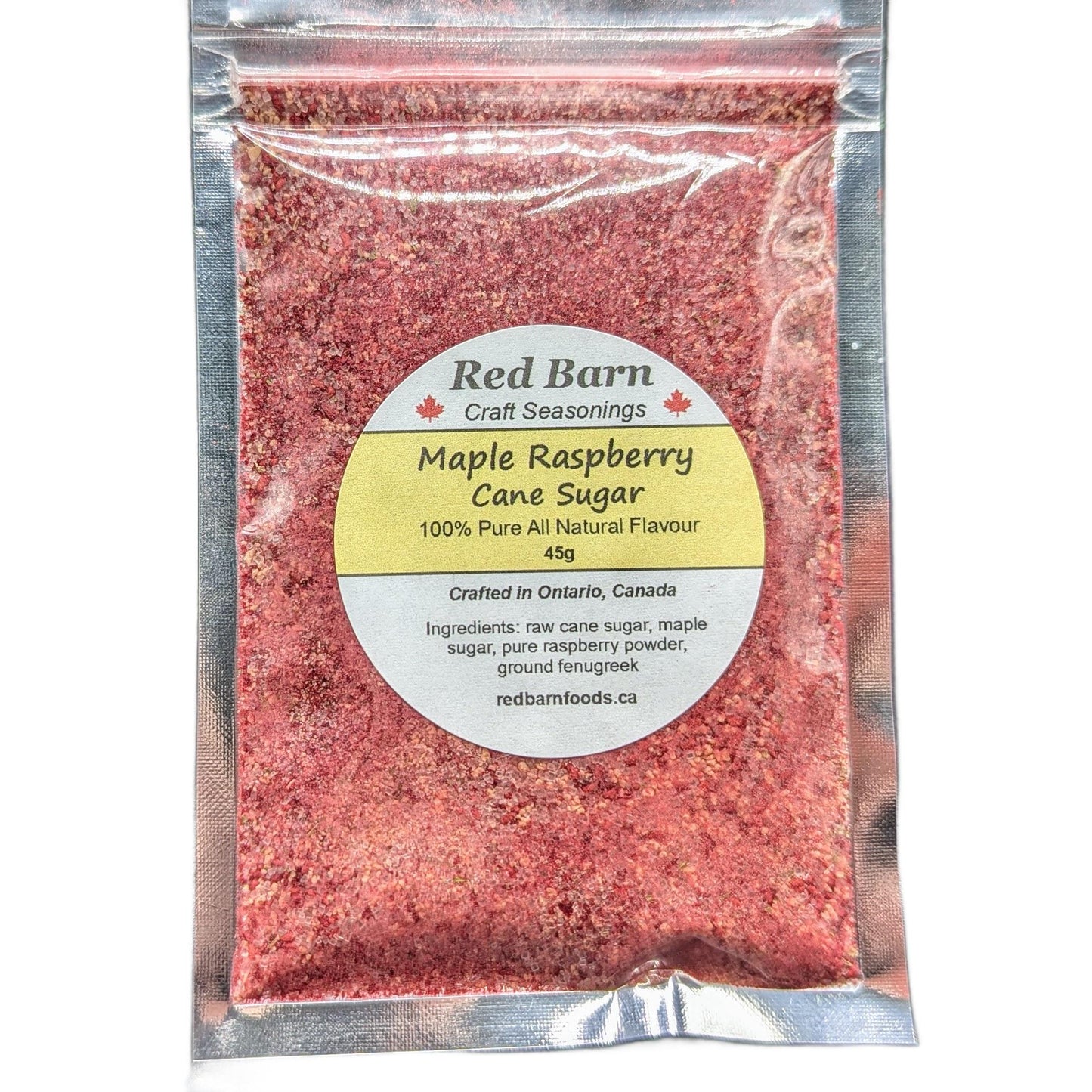 Packaged Maple Raspberry Cane Sugar from Red Barn Craft Seasonings on a white background