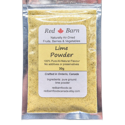 Packaged lime powder with Red Barn label on a white background