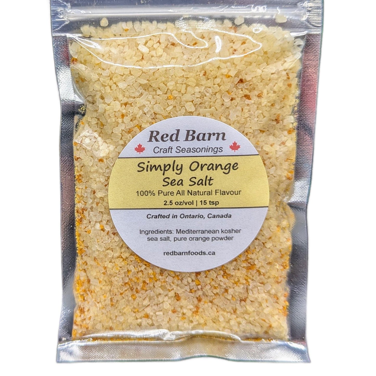 Packaged simply orange sea salt with Red Barn Craft Seasonings label on a white background