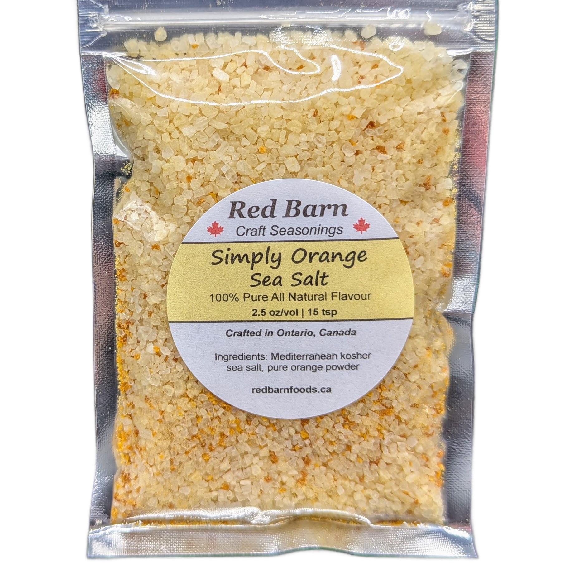 Packaged simply orange sea salt with Red Barn Craft Seasonings label on a white background