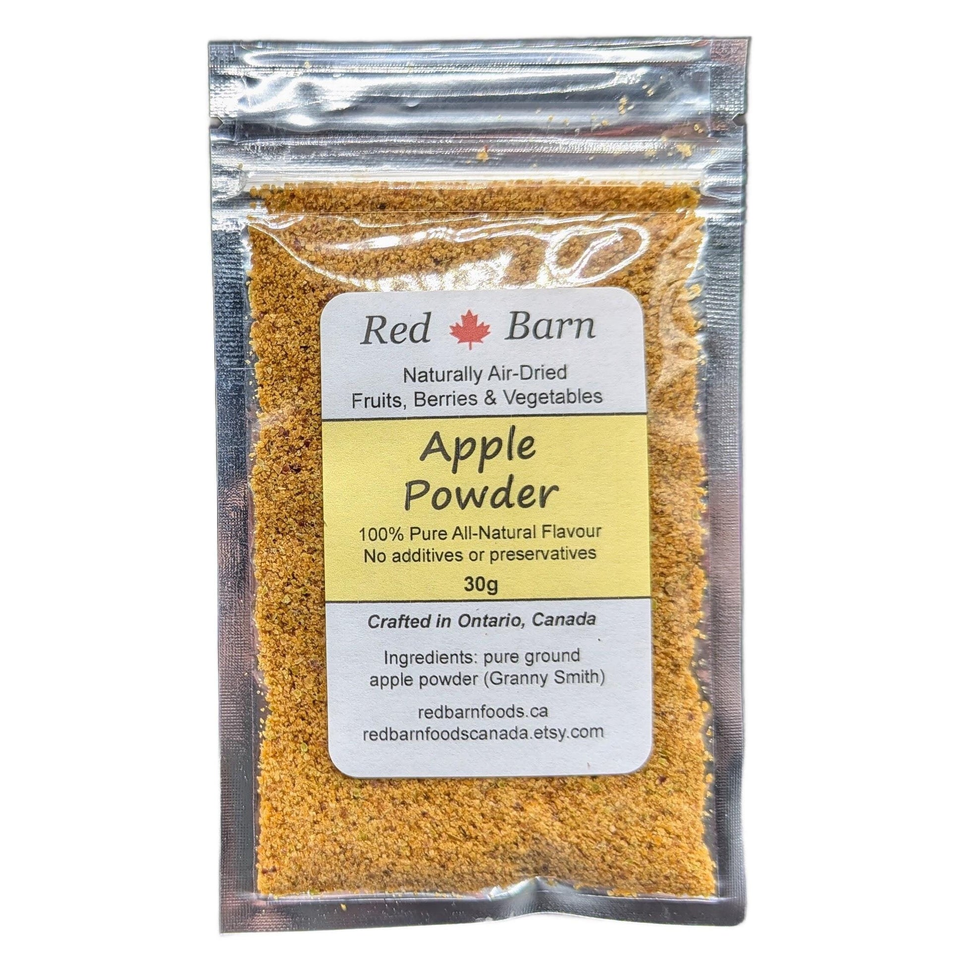 Packaged apple powder from Red Barn with a clear label on a white background