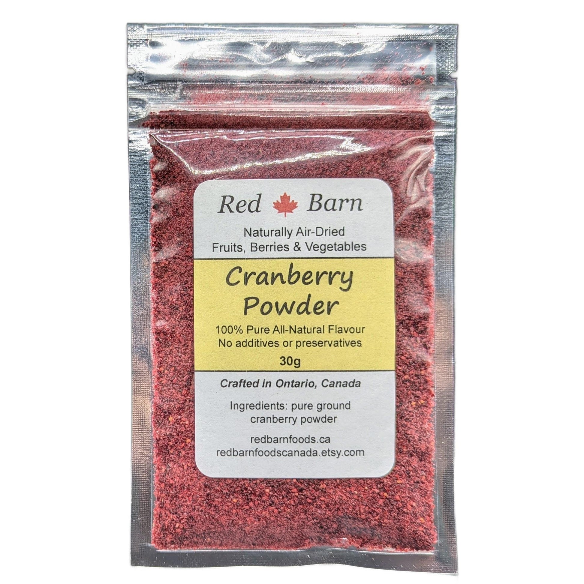Packaged cranberry powder with Red Barn label on a white background