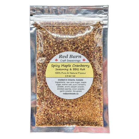 Spicy Maple Cranberry seasoning & BBQ rub package from Red Barn Craft Seasonings on a white background