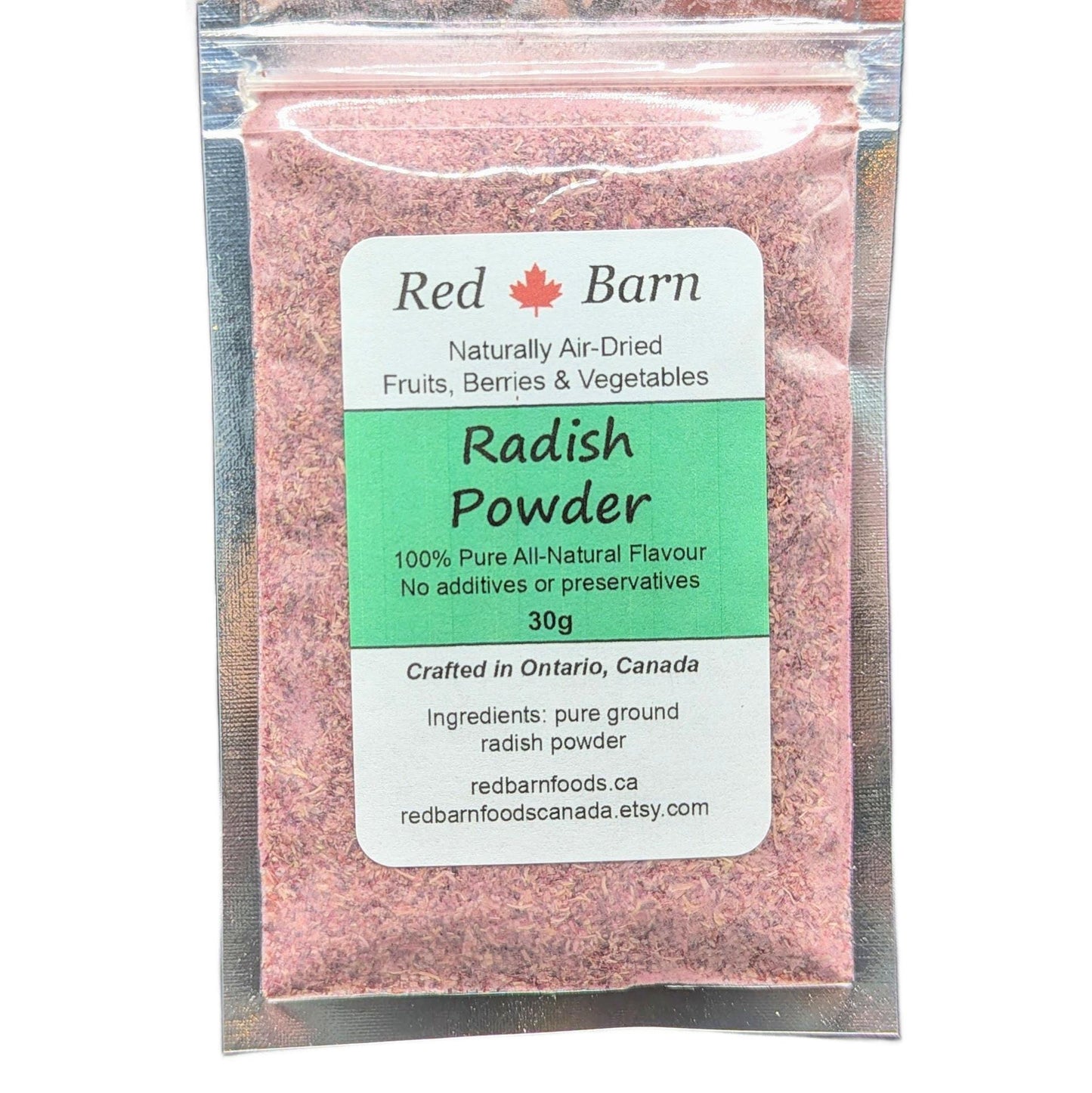 Pack of Red Barn Radish Powder with a clear packaging front