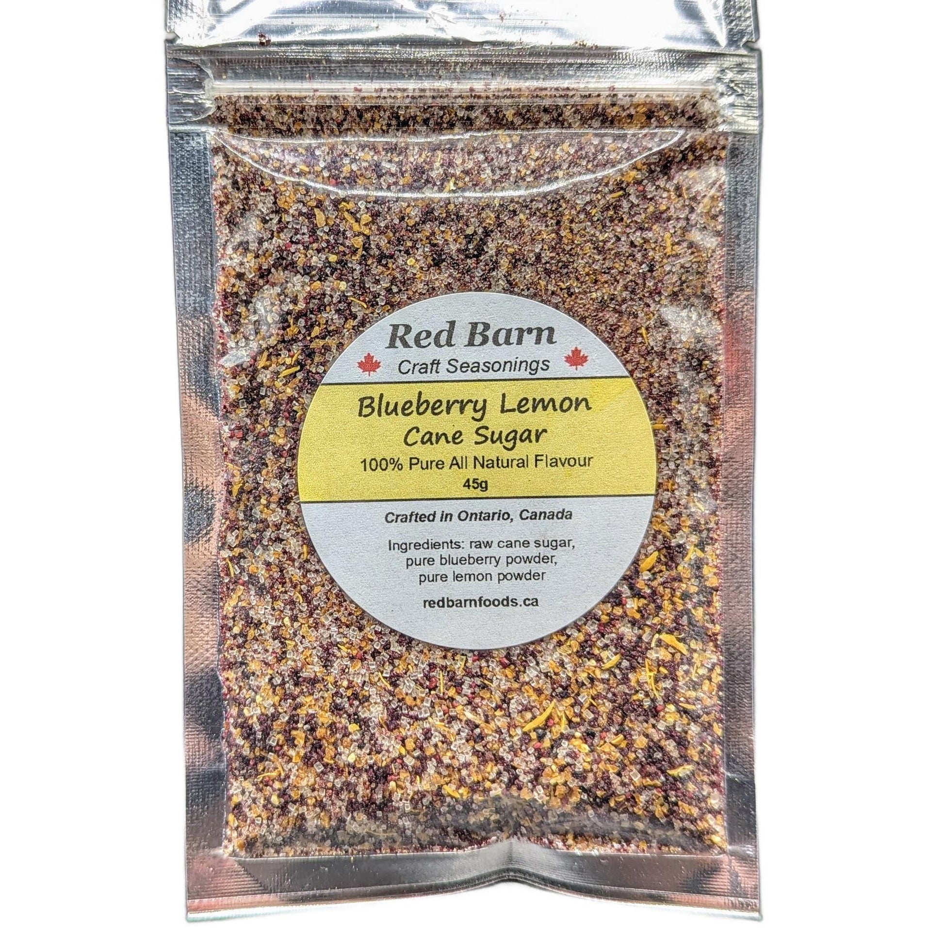 Packaged Blueberry Lemon Cane Sugar from Red Barn Craft Seasonings on a white background