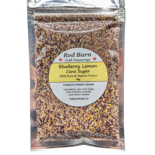 Packaged Blueberry Lemon Cane Sugar from Red Barn Craft Seasonings on a white background
