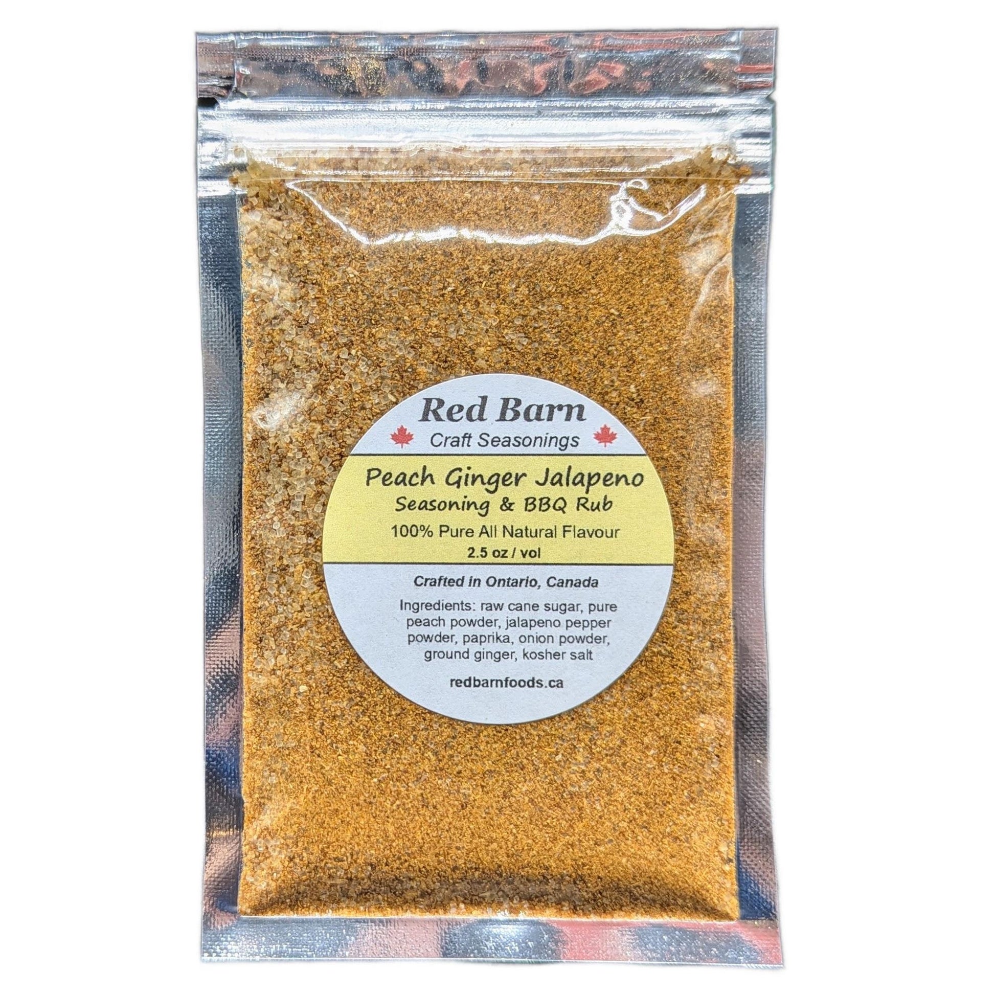 Packaged peach ginger jalapeno seasoning and BBQ rub from Red Barn Craft Seasonings.