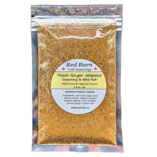 Packaged peach ginger jalapeno seasoning and BBQ rub from Red Barn Craft Seasonings.