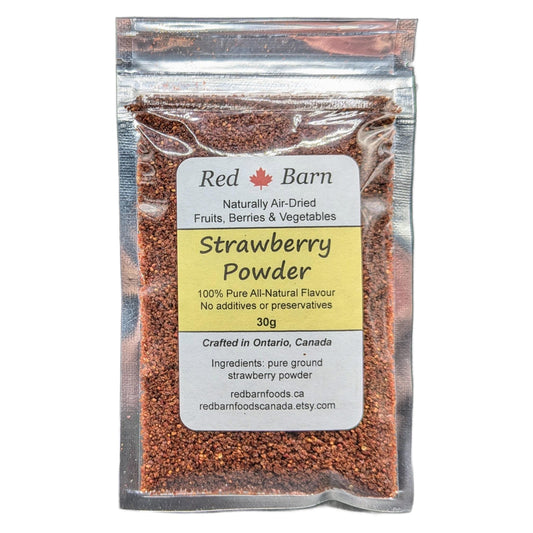 Packaged strawberry powder with Red Barn label on a white background