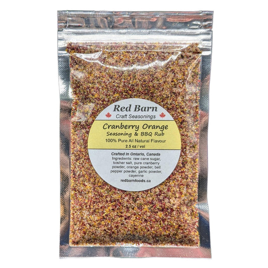 Packaged cranberry orange seasoning & BBQ rub from Red Barn Craft Seasonings on a white background.