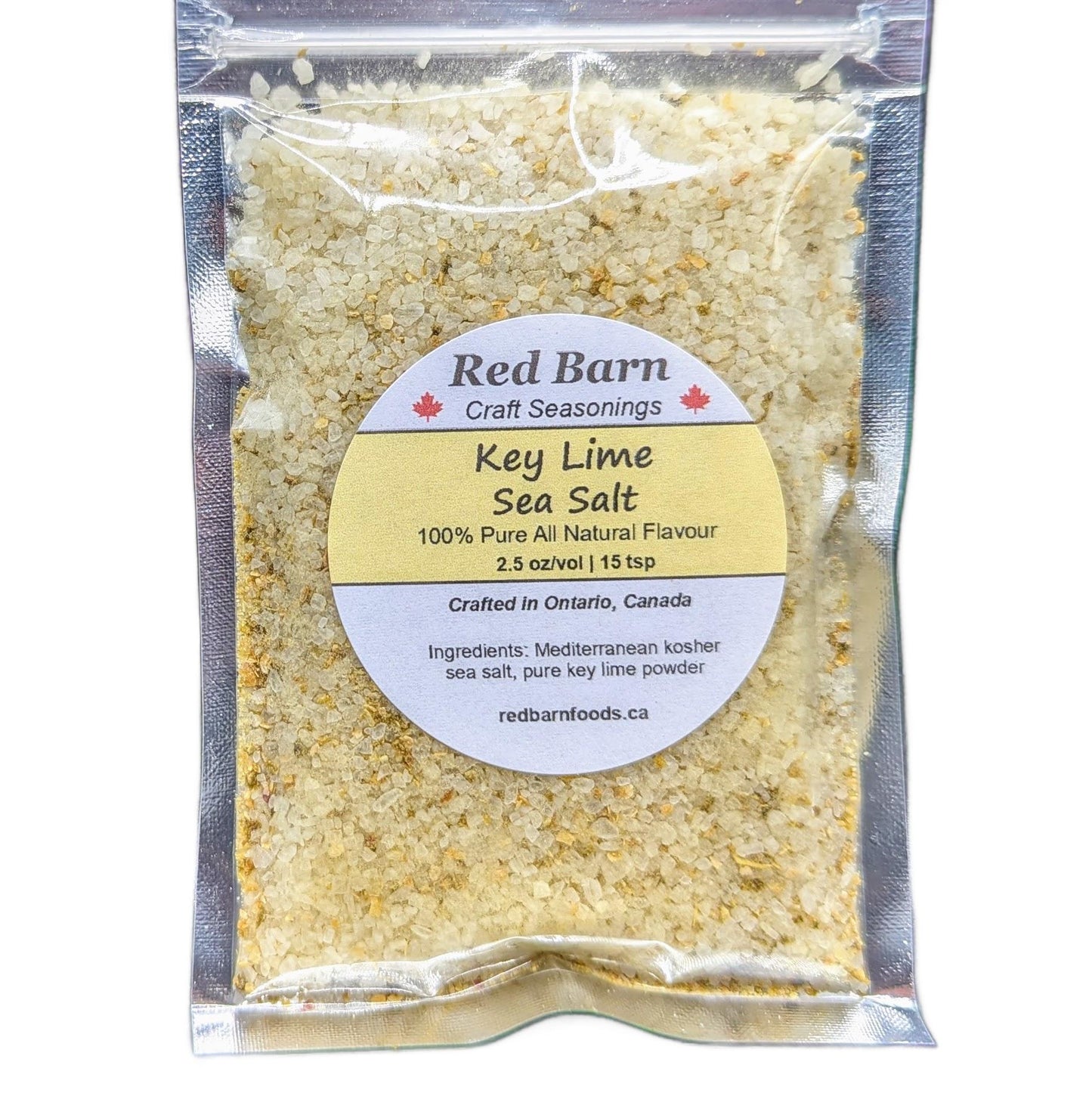 Packaged key lime sea salt from Red Barn Craft Seasonings on a white background