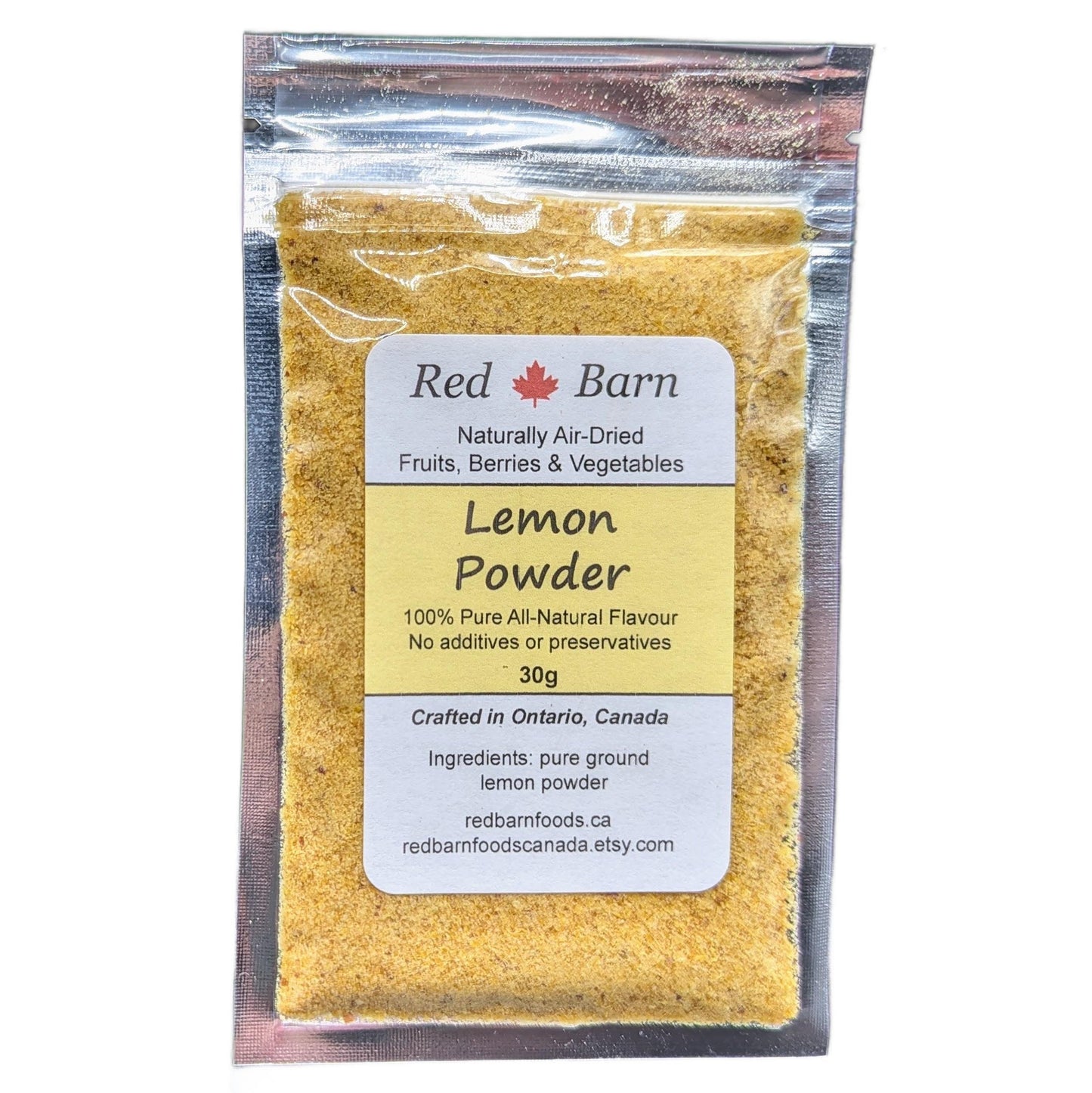 Packaged lemon powder from Red Barn with a clear front