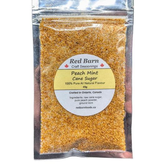 Packaged peach mint cane sugar from Red Barn Craft Seasonings on a white background
