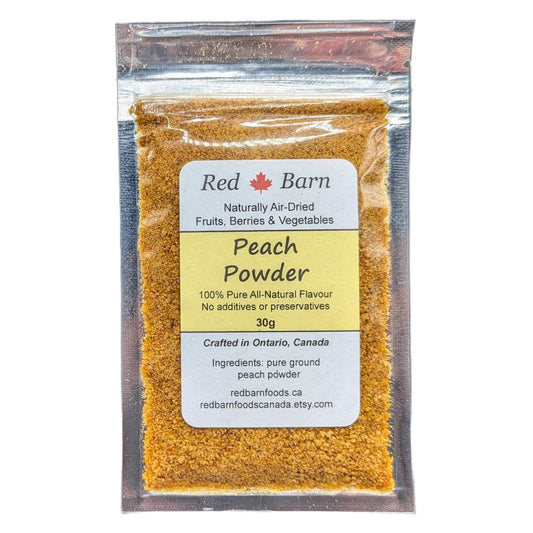 Packaged peach powder from Red Barn with label on a white background