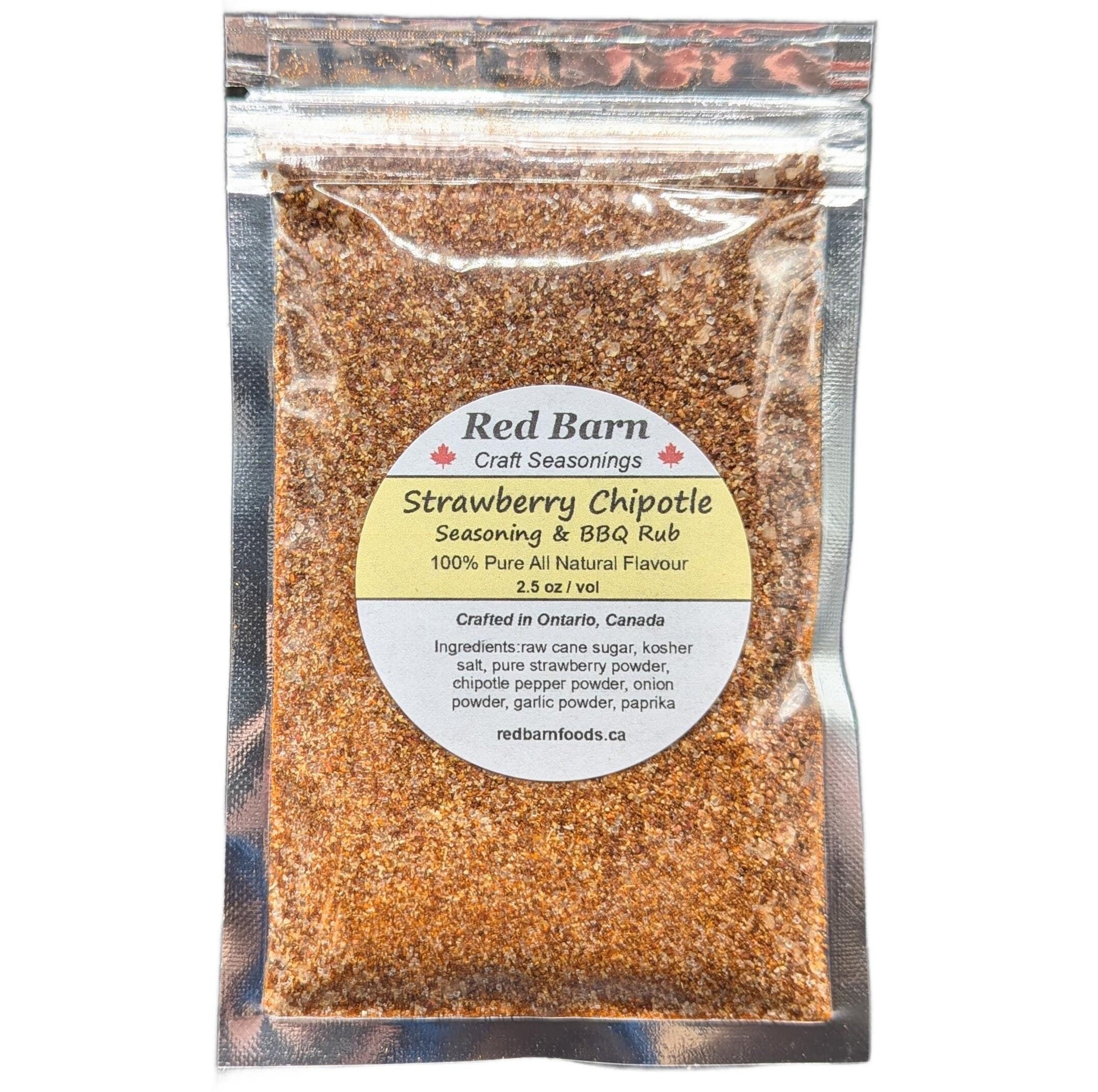 Packaged strawberry chipotle seasoning & BBQ rub from Red Barn Craft Seasonings on a white background.