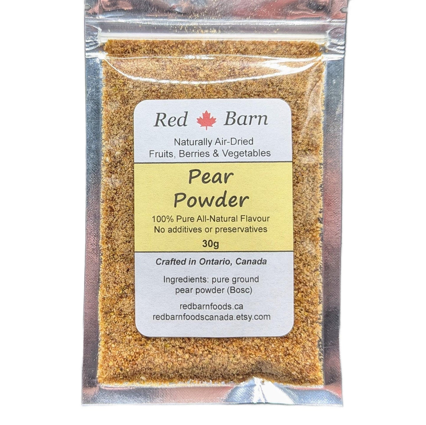 Packaged pear powder with Red Barn label on a white background