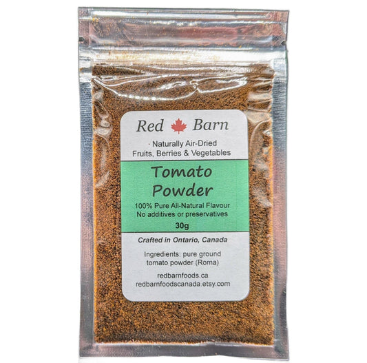 Packaged tomato powder with Red Barn label on a white background
