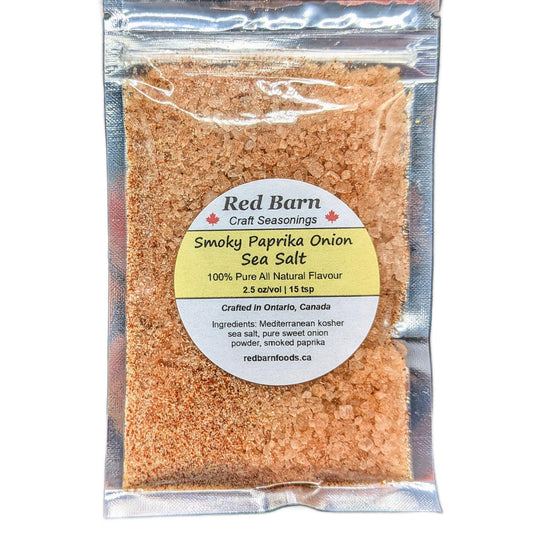 Packaged smoky paprika onion sea salt with Red Barn Craft Seasonings label on a white background