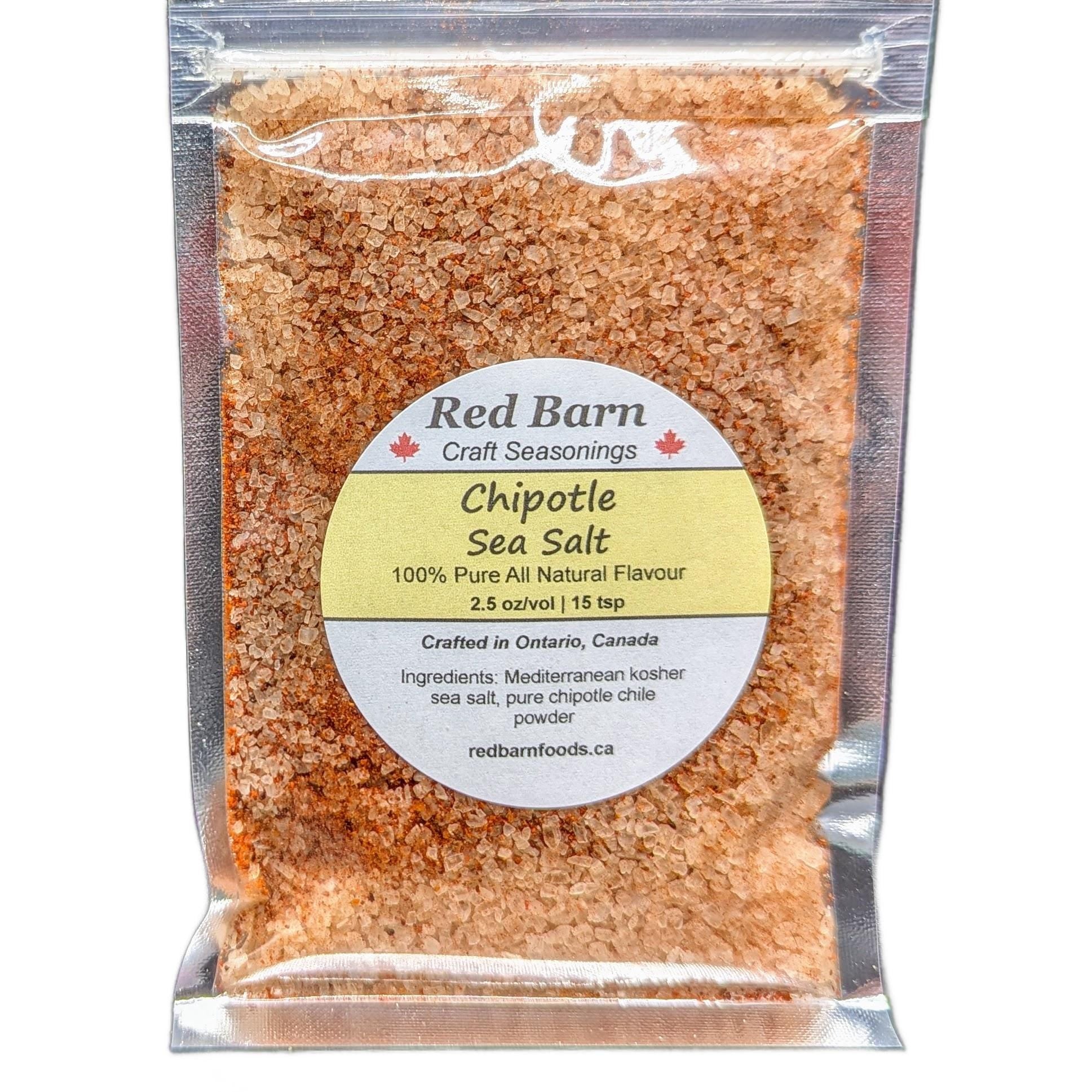 Packaged chipotle sea salt with Red Barn Craft Seasonings label on a white background