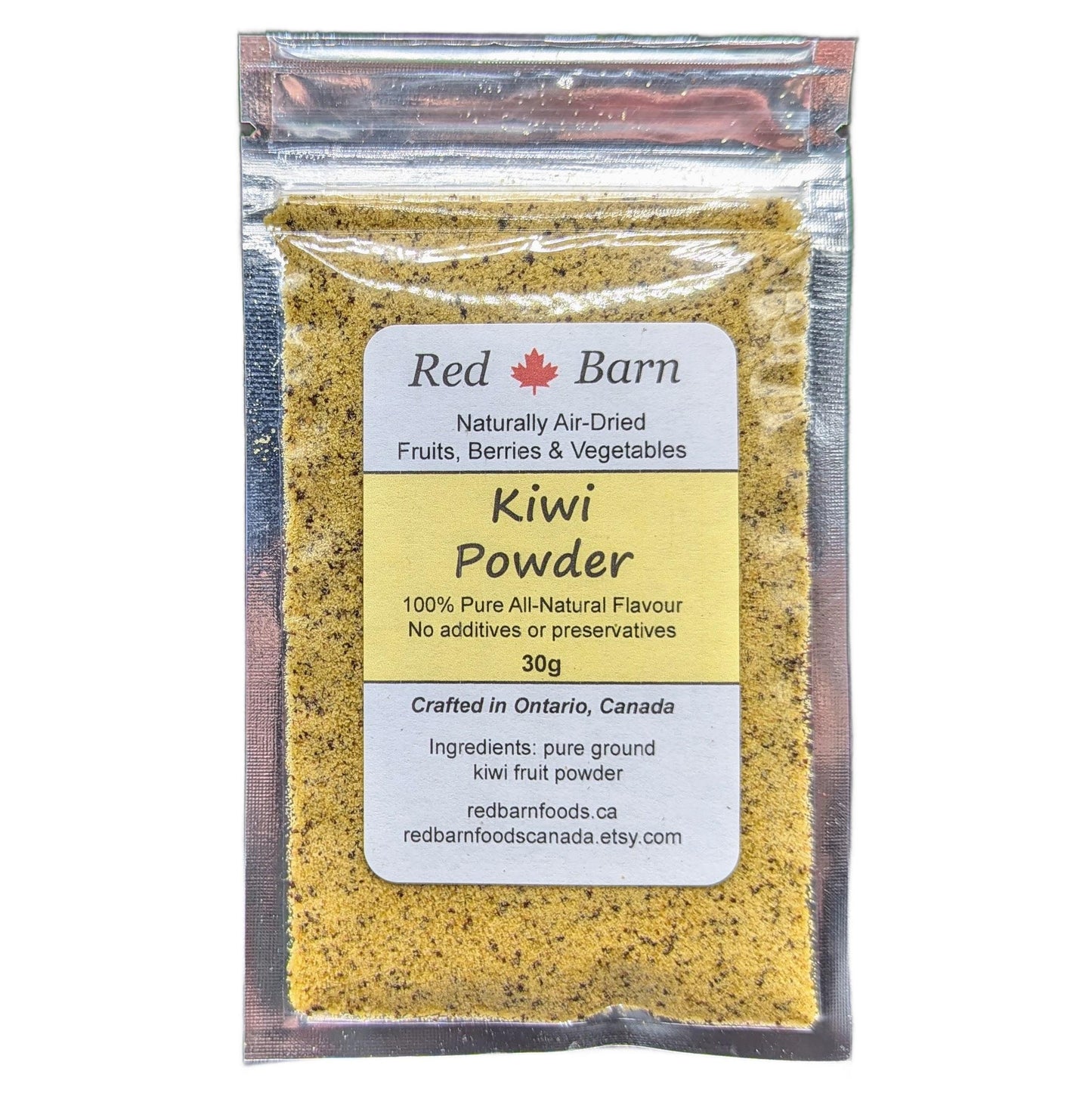 Packaged kiwi powder with Red Barn label on a white background