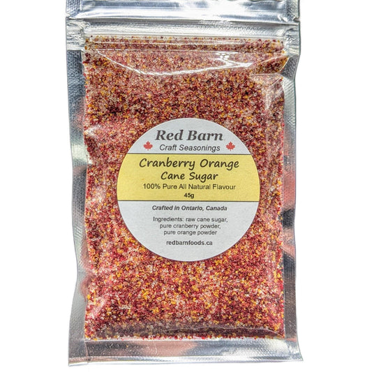 Packaged cranberry orange cane sugar with Red Barn Craft Seasonings label on a white background