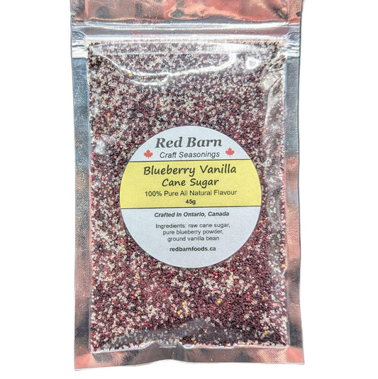 Packaged Blueberry Vanilla Cane Sugar from Red Barn Craft Seasonings on a white background