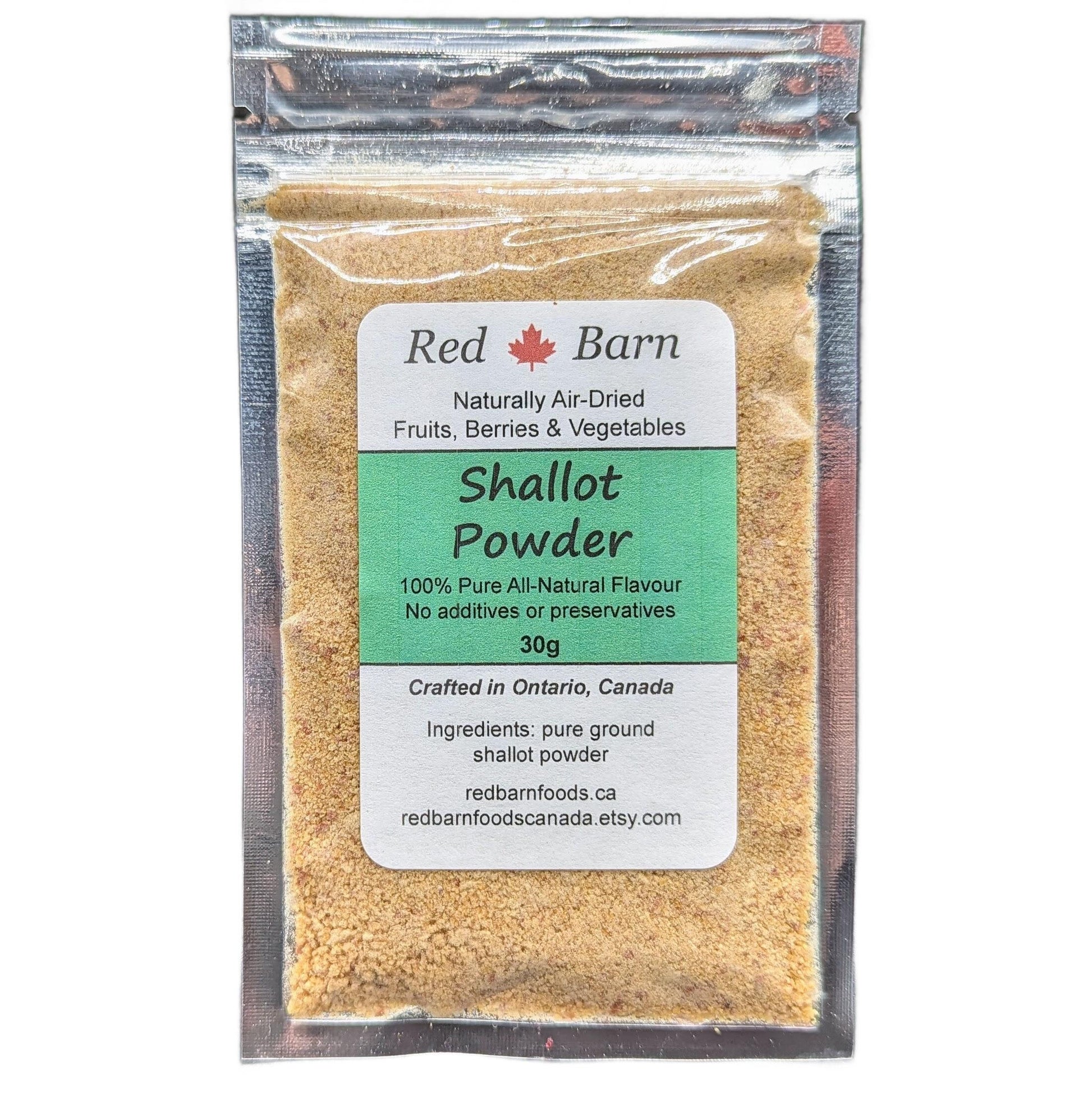 Packaged shallot powder with Red Barn label on a white background