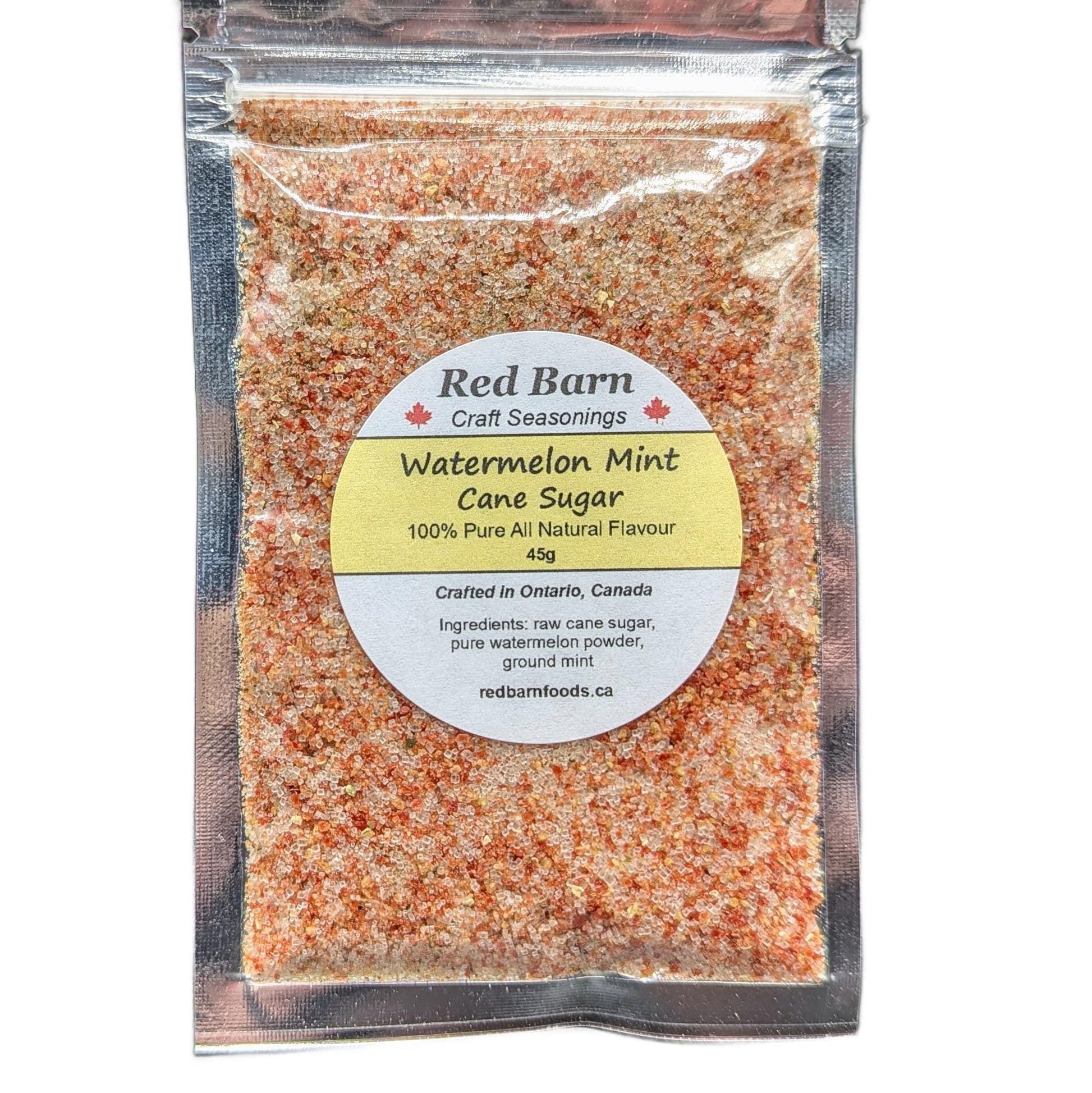Packaged watermelon mint cane sugar with Red Barn Craft Seasonings label on a white background