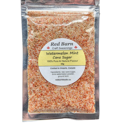 Packaged watermelon mint cane sugar with Red Barn Craft Seasonings label on a white background
