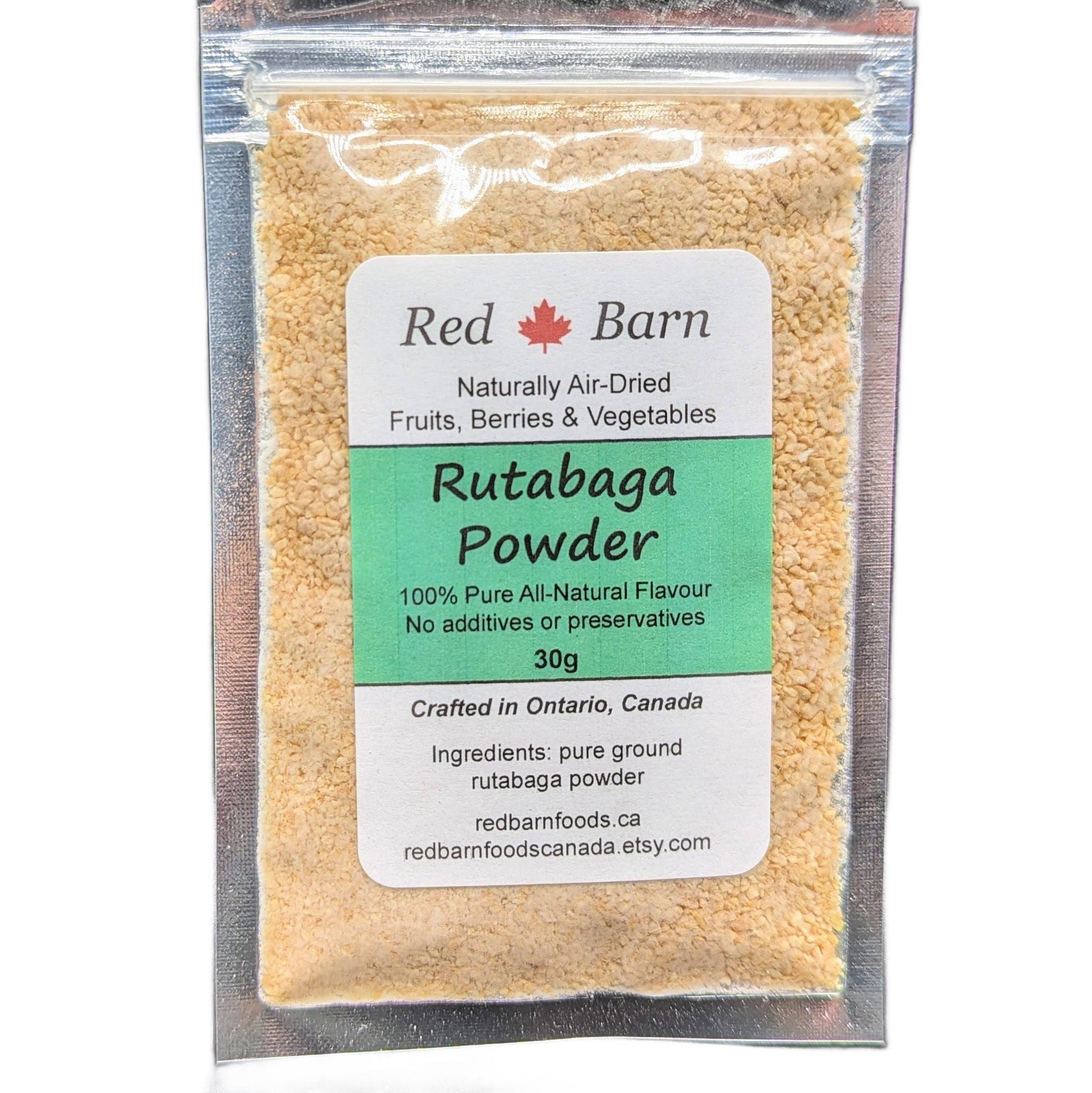 Packaged rutabaga powder with Red Barn label on a white background
