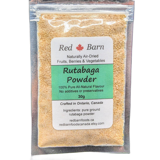 Packaged rutabaga powder with Red Barn label on a white background