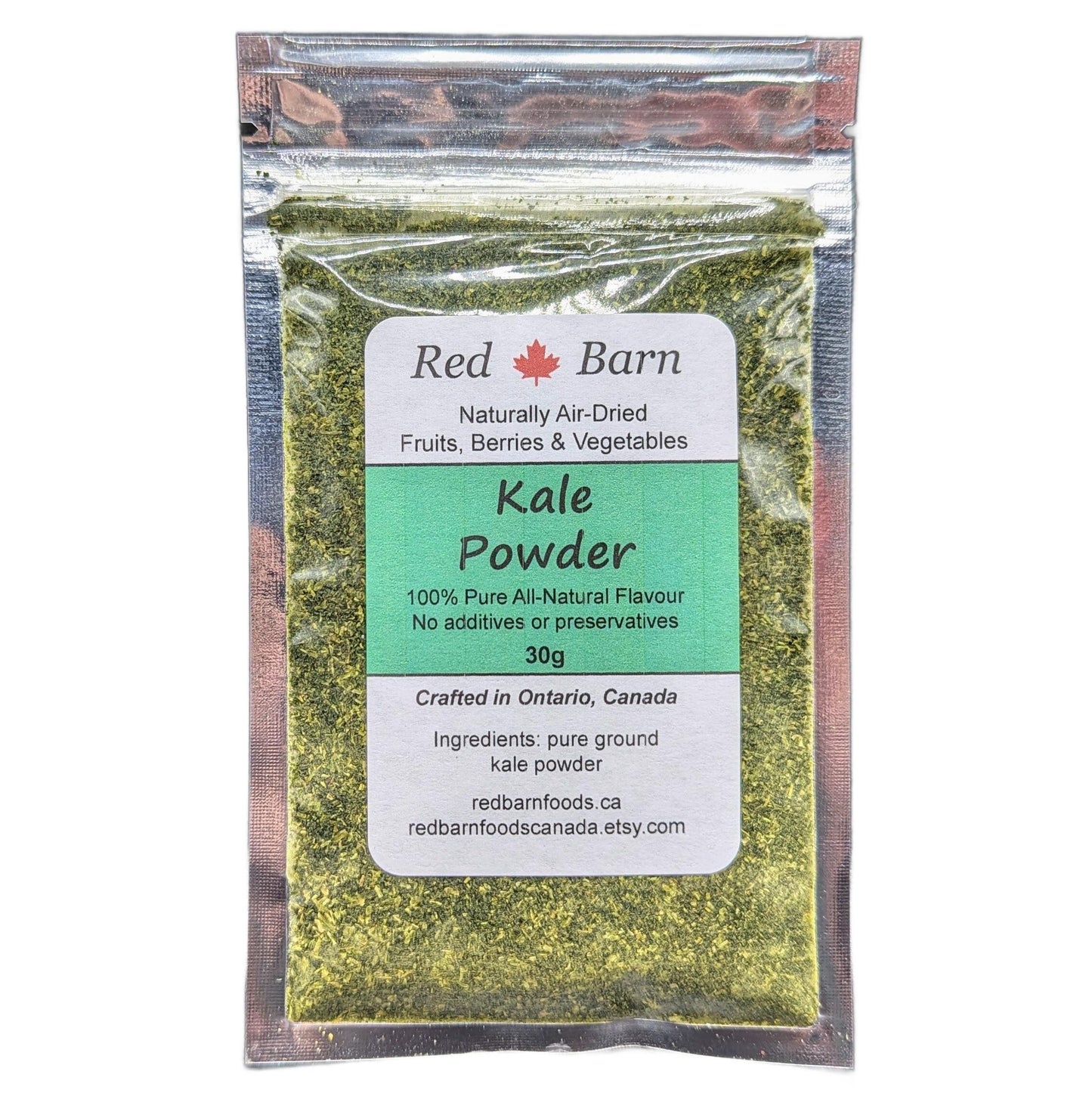 Package of Red Barn Kale Powder with label on a white background