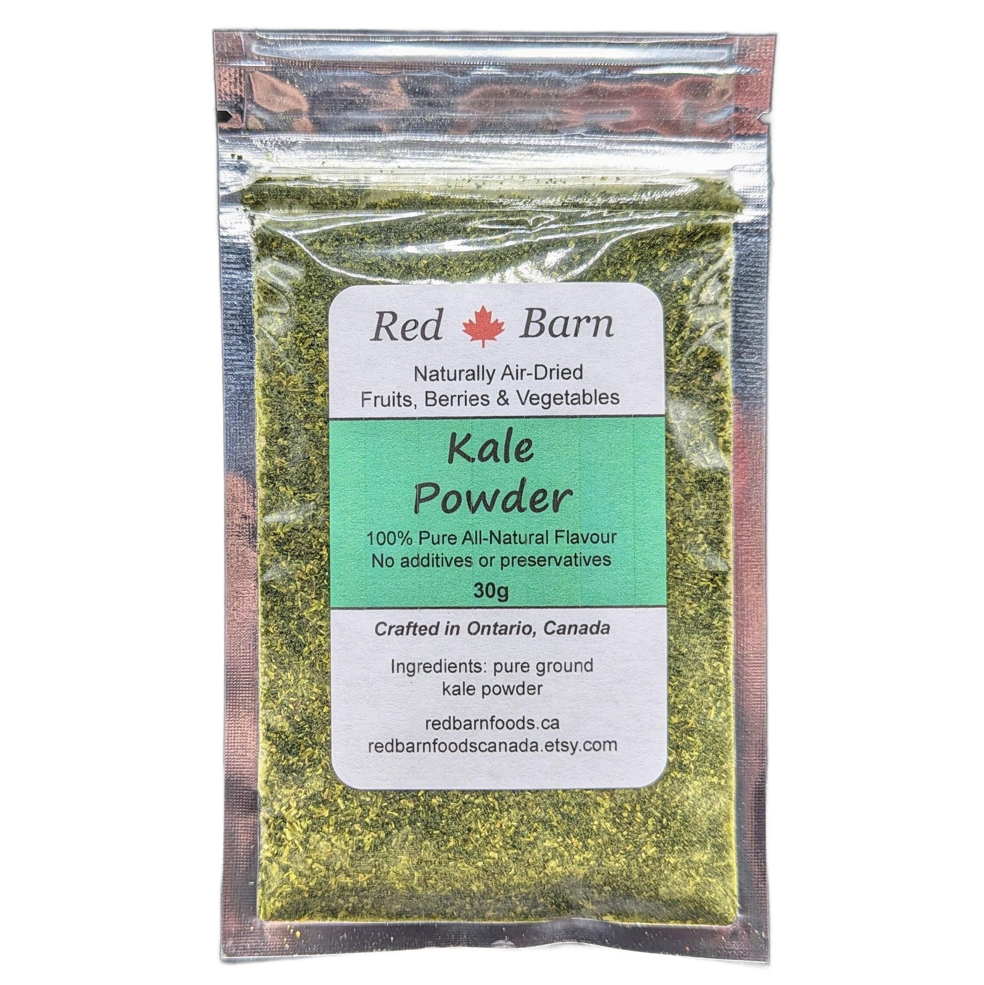 Package of Red Barn Kale Powder with label on a white background