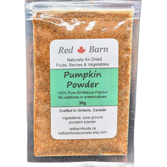 Packaged pumpkin powder with Red Barn label on a white background