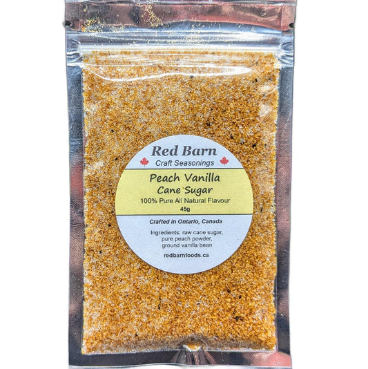 Packaged peach vanilla cane sugar with Red Barn label on a white background