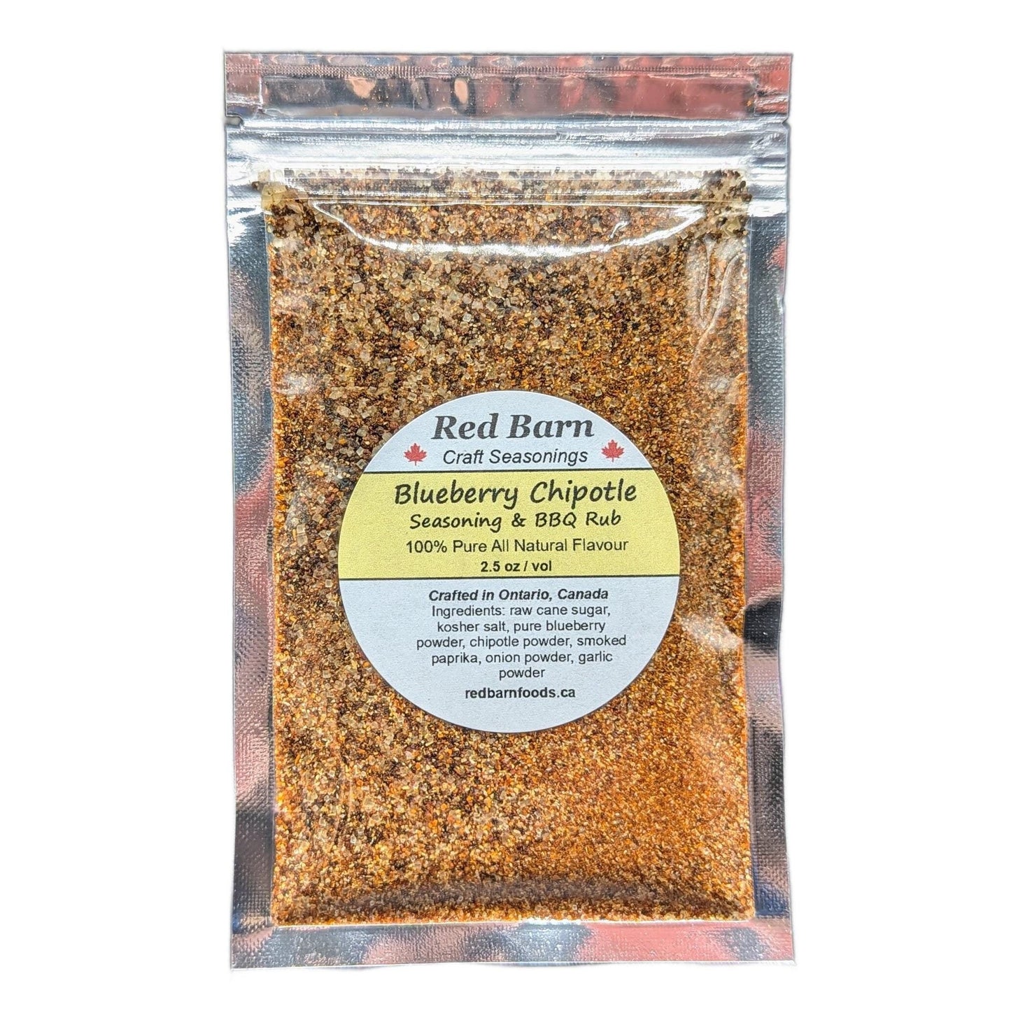Red Barn Blueberry Chipotle seasoning and BBQ rub package on a white background