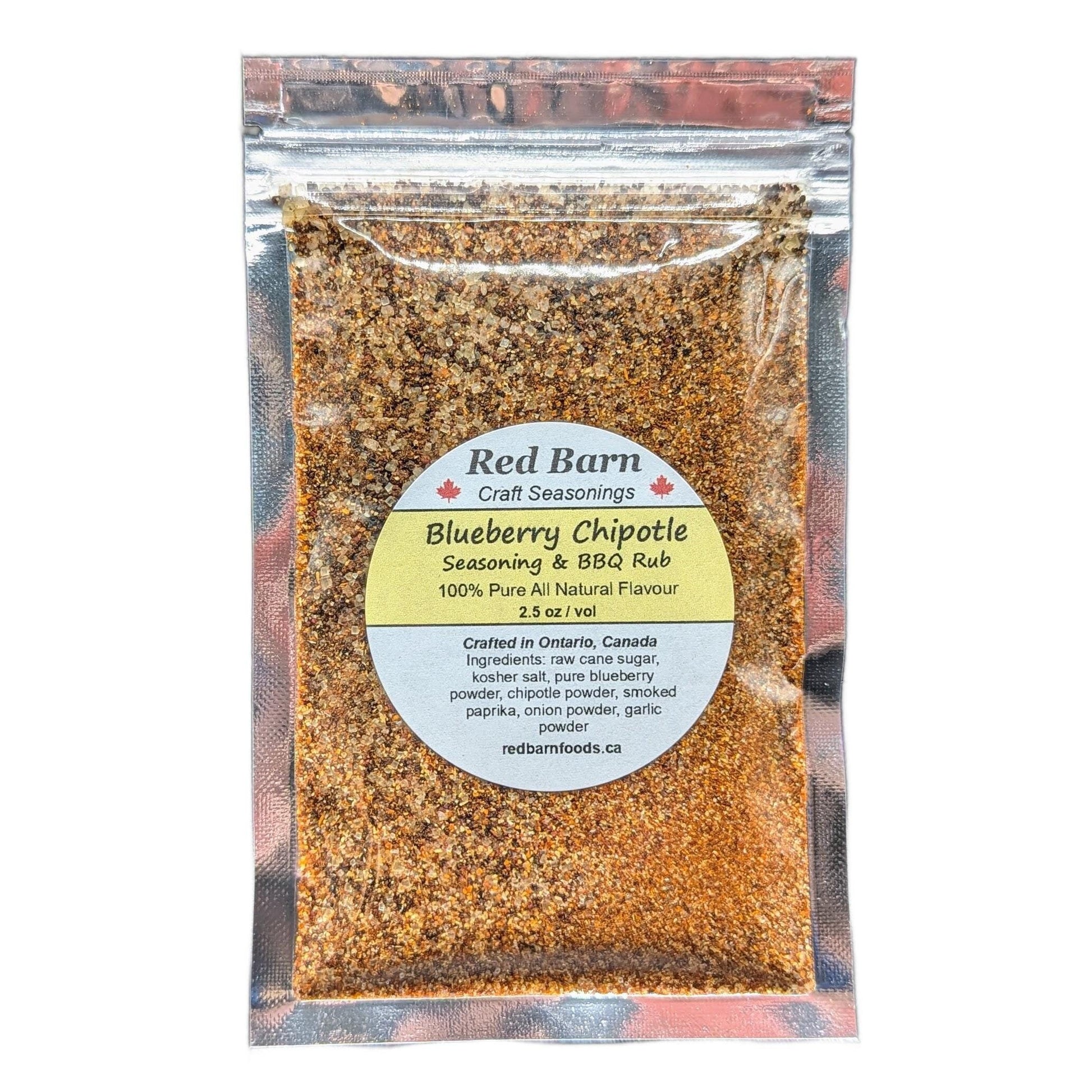 Red Barn Blueberry Chipotle seasoning and BBQ rub package on a white background
