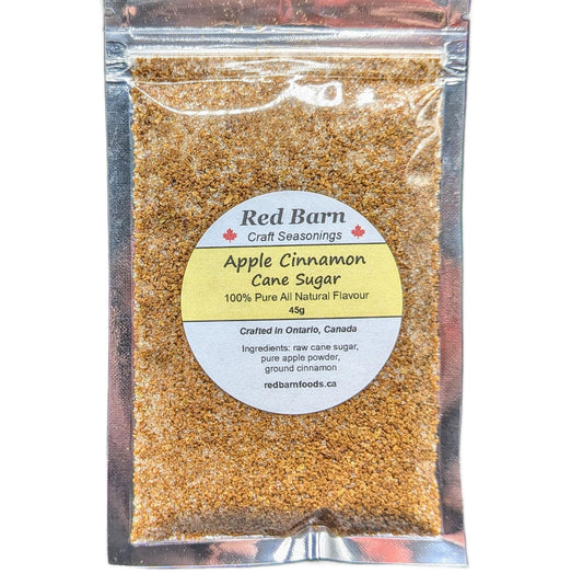 Packaged Apple Cinnamon Cane Sugar from Red Barn Craft Seasonings with a clear front for visibility.