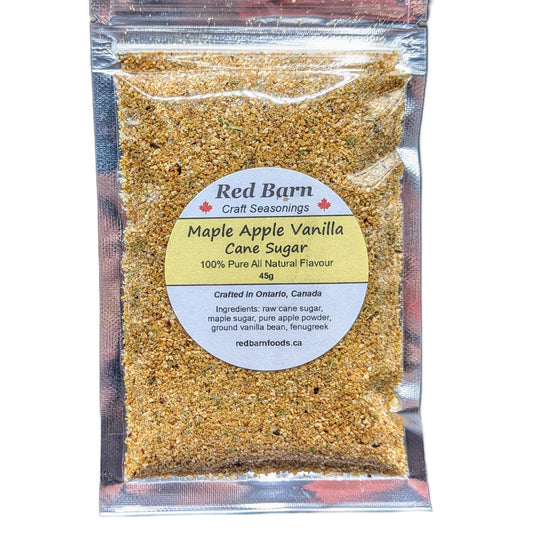 Packaged Maple Apple Vanilla Cane Sugar by Red Barn on a white background